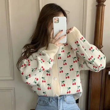 Lucyever Autumn Winter Cardigan Women Sweater Harajuku Design Ins Sweet Knitted Cardigans Female All-Match Loose Print Knitwear